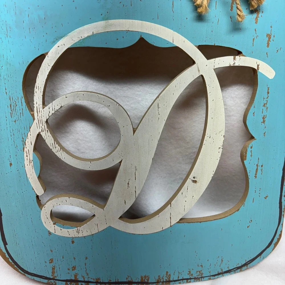 Rustic Farmhouse Mason Jar Wall Decor‎ Distressed Aqua Letter D Monogram Hanging